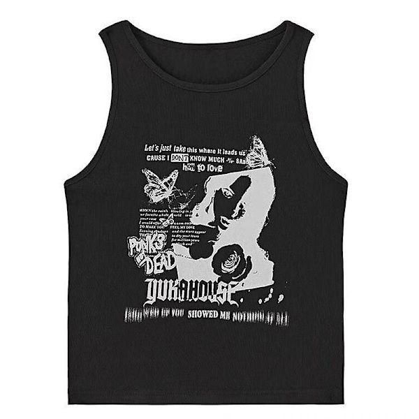 Grunge Tryck Ärmlös Sexig Linne för Kvinnor Ribbstickad Väst Streetwear Estetiska Kläder Kvinnlig Crop Top Kvinnor 2000-tal Black S