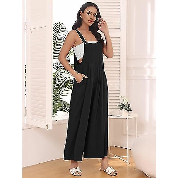 Dam Arbetsbyxor, Jumpsuit med Vida Ben, Casual Byxor med Axelband, Sommar Jumpsuit, Tröja, Lös Ärmlös Axelband, Kläder med Fickor Black M