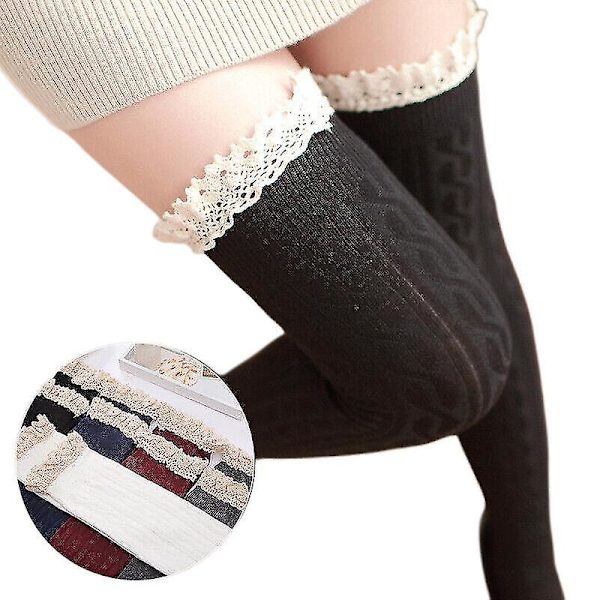 Naisten pitkät seksikkäät lämpimät polven yli ulottuvat pitkät sukat reidenkorkuiset neulesukat Black