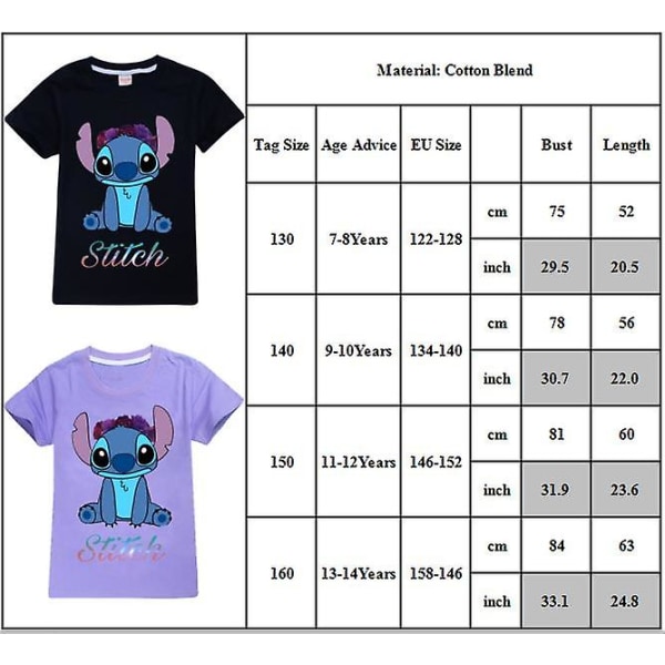 Disney Lilo & Stitch Pojkar Flickor Söta T-shirts T-shirts Tröjor Rund hals Kortärmade sommartröjor Ungdomar 7-14 år Purple 7-8Years