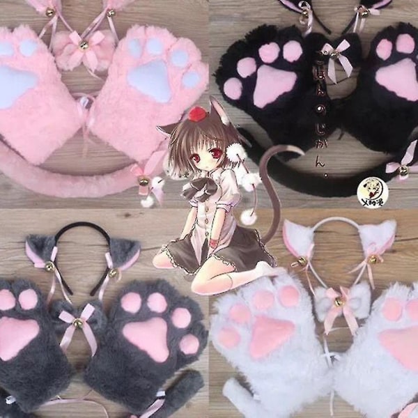 Kreativ katt cosplay kostym kattunge svans öron krage tassar handskar anime lolita gotisk set för fest cosplay (5-delad set, svart)