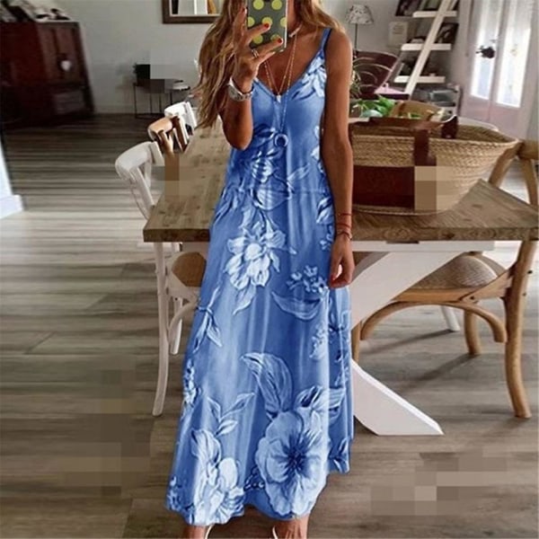 Kvinnors Casual Sommar Boho Maxi Klänning Spaghetti Rem Sleeveless Blommig Tryck V-hals Strand Långa Solklänningar Plus Storlek Blue 5XL