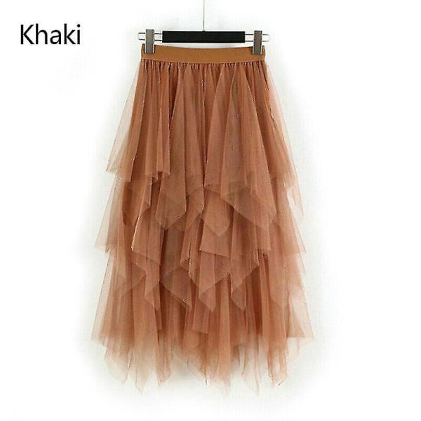 Dame Tulle Mesh Skjørt Høy Midje Lagdelt Plissert Maxi Lang Kjole One Size Khaki