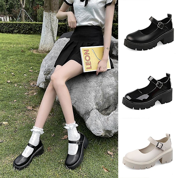Kvinnor Spänne Läder Skor Hög Klack Slitstarka Rundade Skor För Dagligt Bruk 39 Bright Leather Black