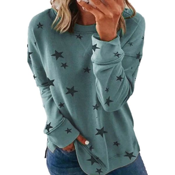 Dam Ledig Stjärntryckt Långärmad Rundhalsad T-shirt Tunika Toppar Blus Plus Size Höst Lake Blue XL