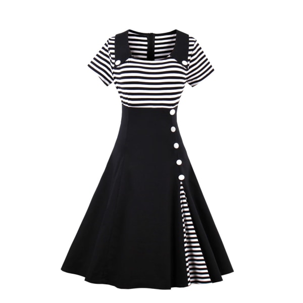 Dam Vintage 50-tals 60-tals Hepburn Klänning Kväll Fest Randig Patchwork Swing Klänningar svart 4XL