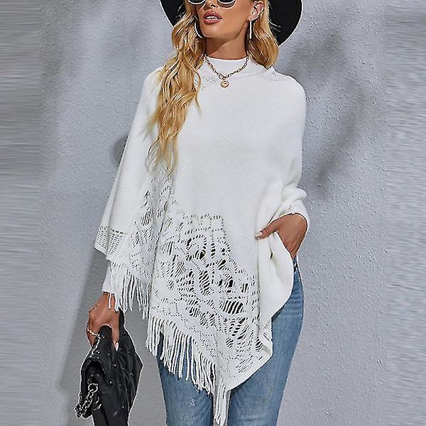 Dam Långärmad Poncho Tröja Ledig Arbets Pullover Cape Vinter Varm Stickad Kappa White L