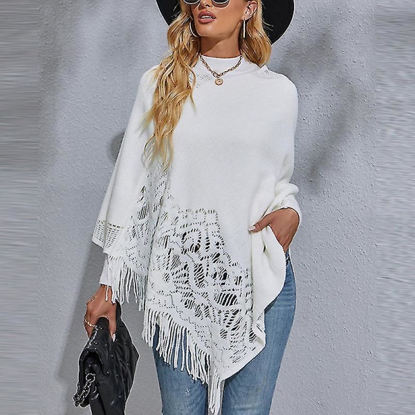 Dame Langermet Poncho Genser Casual Arbeidsgenser Cape Vinter Varm Strikket Kappe White L