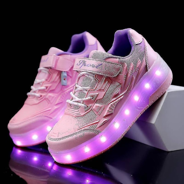 Barnesko Sneakers Sko med doble hjul LED-lys Q7-yky Pink 33