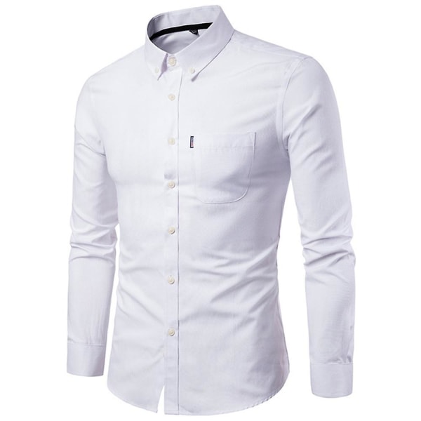 Herr enfärgad formell knappskjorta långärmad business slim fit skjorta casual toppar ficka White XL