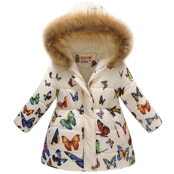 Jente Vinter Pelsforet Hette Parkas Kåpe Vattert Varm Dunjakke Yttertøy White Butterfly 5-6 Years