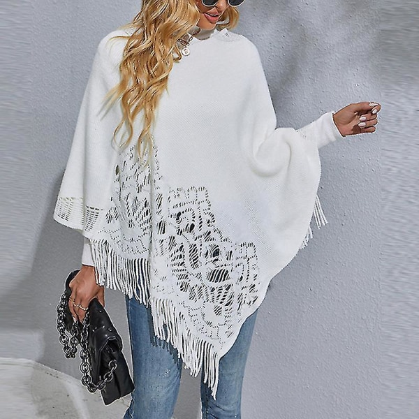 Dame Langermet Poncho Genser Casual Arbeidsgenser Cape Vinter Varm Strikket Kappe White L