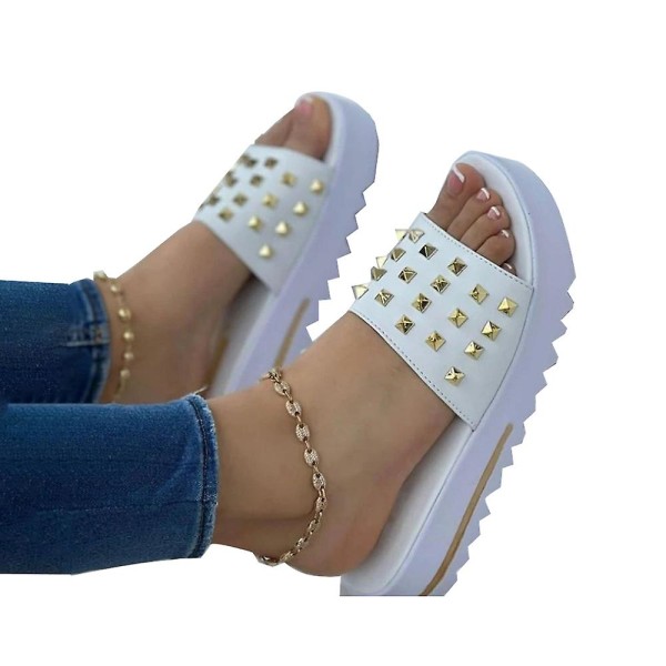 Sommersko for kvinner, fritidssko med nagler, slippers med åpen tå, flate plattformsandaler for stranden White 38
