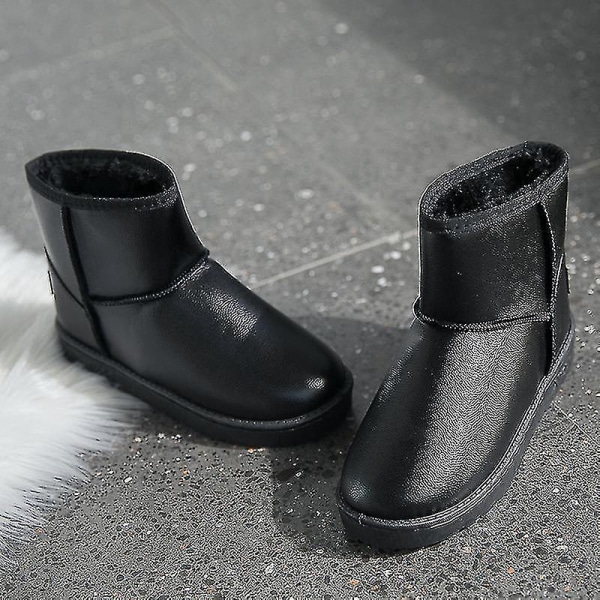 Kvinnors läderstövlar Klassiska vinterankel snöstövlar Pälsfodrade skor PU 40