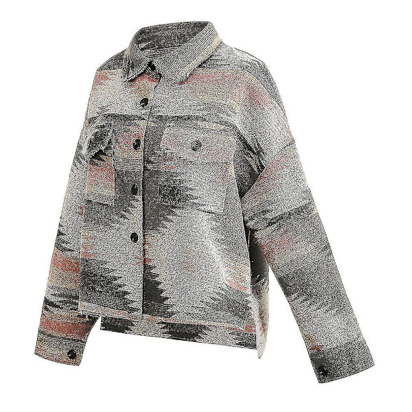 Naisten Vintage-paita Aztec-kuvioinen pitkähihainen takki napitettava käännekaulus löysä takki Pink XL
