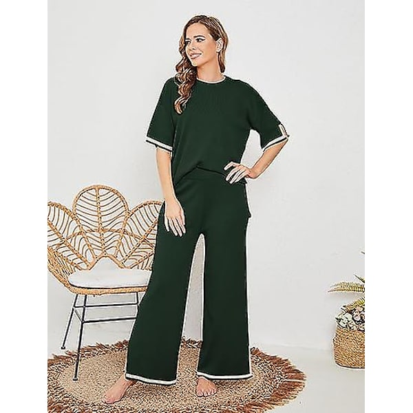 Fashion Kostym Färgkontrast Split Kortärmad Stickad + Högmidjade Slankande Vida Byxor Tvådelad Set green M