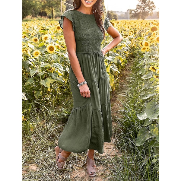 Sommerlig afslappet midi-kjole til kvinder med korte flæseærmer, rund hals, smock og elastisk talje Armygreen XLarge