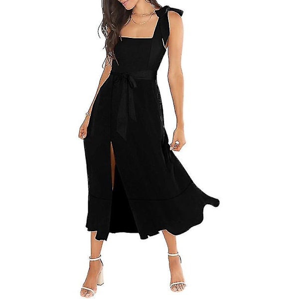 Eleganta Tärnklänningar för Kvinnor, Fyrkantig Halsringning, Delad Midi Formell Klänning Black XL