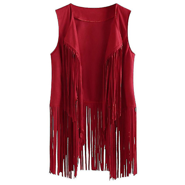 1970-tals Dam Tofs Ärmlös Kavajväst 70-tals Hippie Faux Mocka Fransad Väst Jacka Kofta Red L