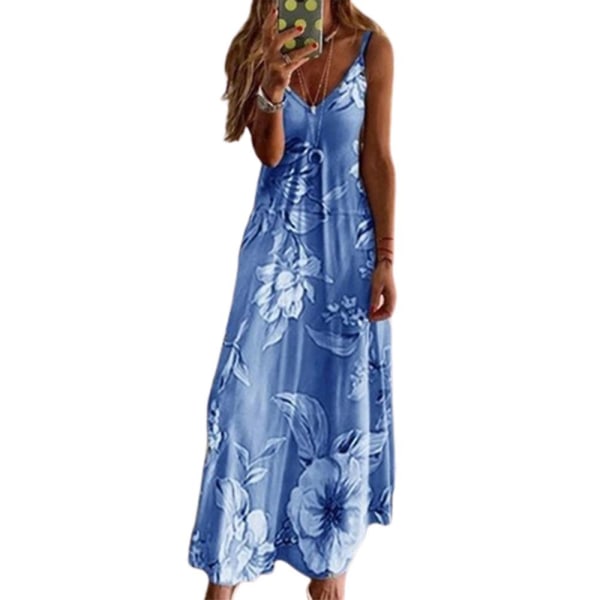 Kvinnors Casual Sommar Boho Maxi Klänning Spaghetti Rem Sleeveless Blommig Tryck V-hals Strand Långa Solklänningar Plus Storlek Blue 2XL