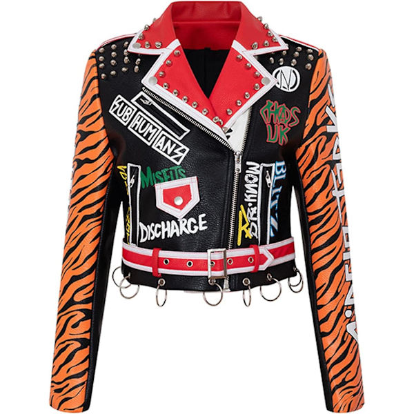 Læderjakke Dame Punk Nitter Graffiti Print Motorcykeljakke M