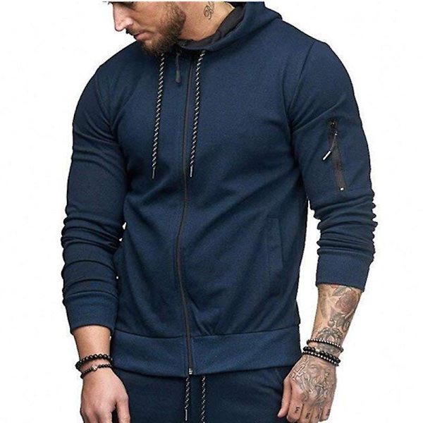 Herre Hættetrøje Lynlås Hættetrøje Vinter Sport Jogging Trøjer Toppe Navy Blue M
