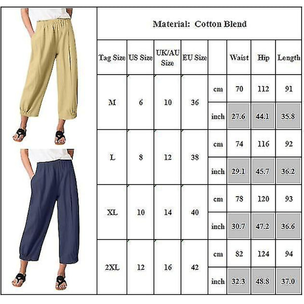 Cropped bukser med elastisk talje, løse, afslappede, lange, ensfarvede bukser Army Green L
