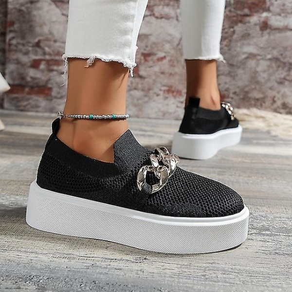 Dam sneakers dagliga kilklack runda tå minimalism mesh loafer enfärgad svart vit khaki Black 40