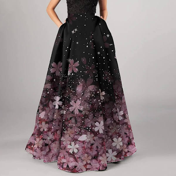 Elastisk midje blomsterprintet plissert A-linje maxi-skjørt for kvinner Pink M