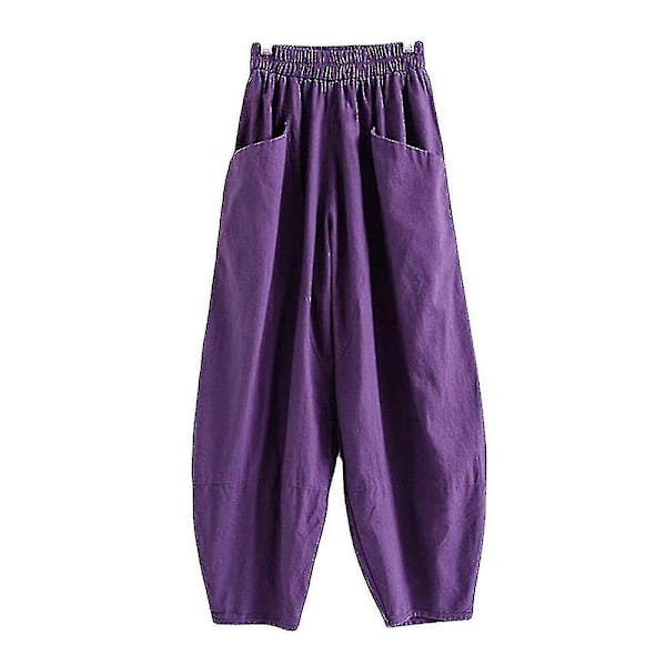 Dame Elastisk Talje Harem Løse Bukser Ensfarvede Poset Aladdin Bukser Purple 2XL