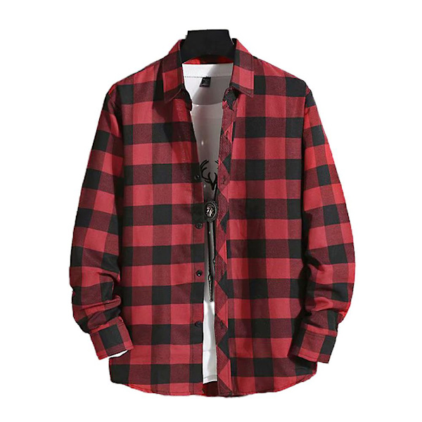 Herre Klassisk Rutete Langermet Knapper Ned Skjorte Lapel T-skjorter Topper Black And Red M