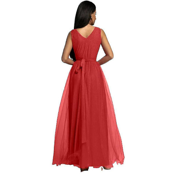 Dame V-hals Brudepige Bryllup Maxikjole Dame Galla Balkjole Aften Cocktailparty Slids Lange Kjoler Red 2XL
