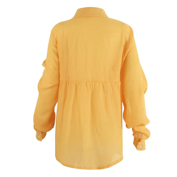Dame V-hals T-skjorte Langermet Bluse med Knapper Yellow 3XL