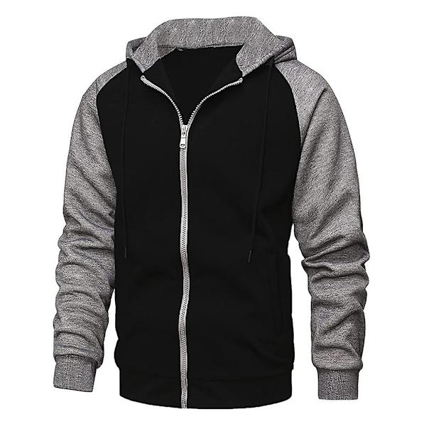 Fleecehettegenser med glidelås for menn, avslappet Colorblock hettegenser Black Dark Gray M