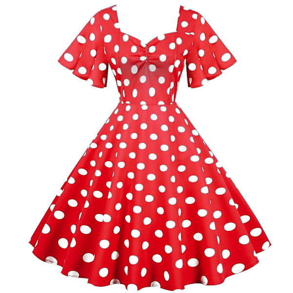 Kvinnors retro resemönster vågkant kortärmad prickig midilång fållklänning Red S