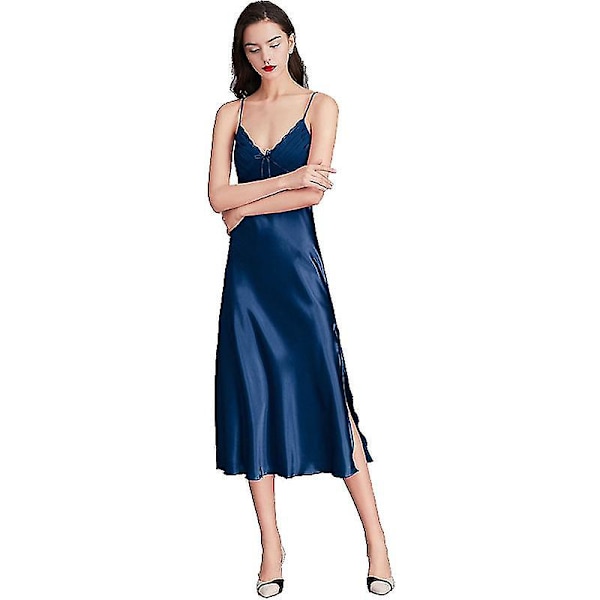 Dam Satin Nattlinnen Lång Chemise Sexig Ärmlös Sidoslits Nattklänning Spaghettiband Sovkläder Blue M
