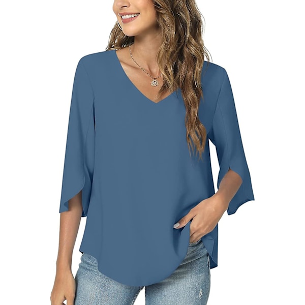 Sommar kvinnor casual skjorta, V-hals lös tunika topp för leggings, split 3/4 ärmar chiffong blus Blue X-Large