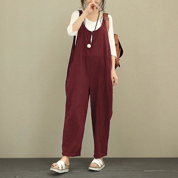 Dam Casual Solid Jumpsuit Lös Baggy Linne Dungarees Byxor Playsuit Overall Romper Wine Red L