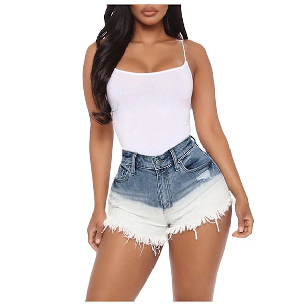Bästsäljande sommarshorts för damer, slitna, avslappnade, trasiga korta jeans med fåll, mode denimbyxor, sexiga ärmlösa toppar för kvinnor Dark Blue 2 S
