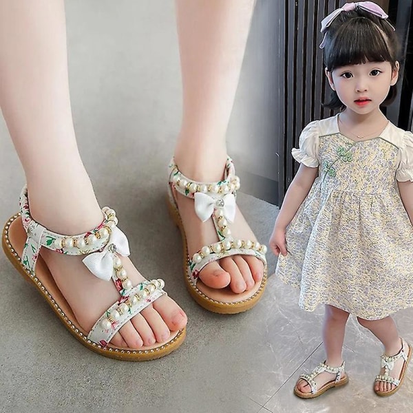 Baby Girls Boho Pearl Beaded Sandals Flower Girls Bowknot Flat Thong Beach Sandals Gladiator White 28