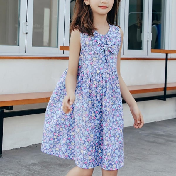 Flickor Ärmlös Boho Swing A-linje Klänning Sommar Lös Rosett Klänningar Blue 7-8 Years