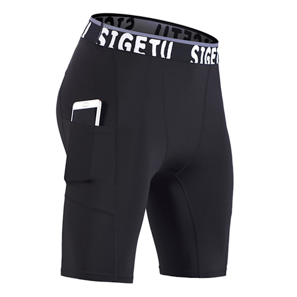 Løbetights shorts til mænd med lomme, hurtigtørrende elastiske sports compression gym shorts sommer fitness sweatpants Black S