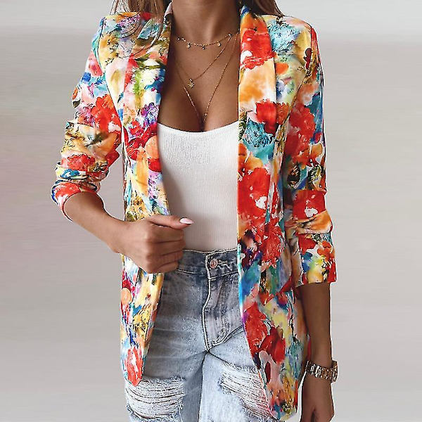 Dame Tie Dye Business Jakker Casual Efterårsfrakke Blomsterprint Blazere Orange M