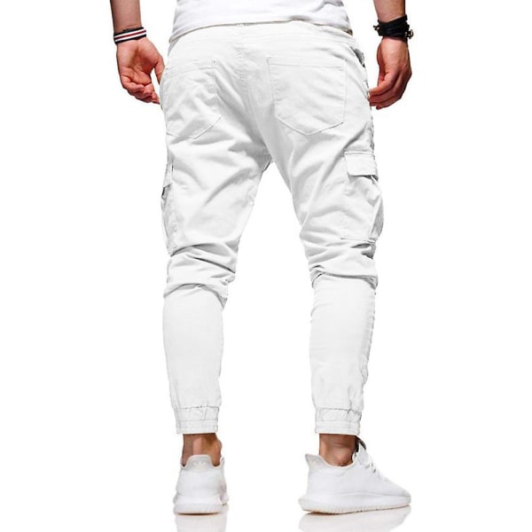 Herr Enfärgad Dragsko Cargo Combat Långa Joggingbyxor Sport Gym Casual Byxor White M