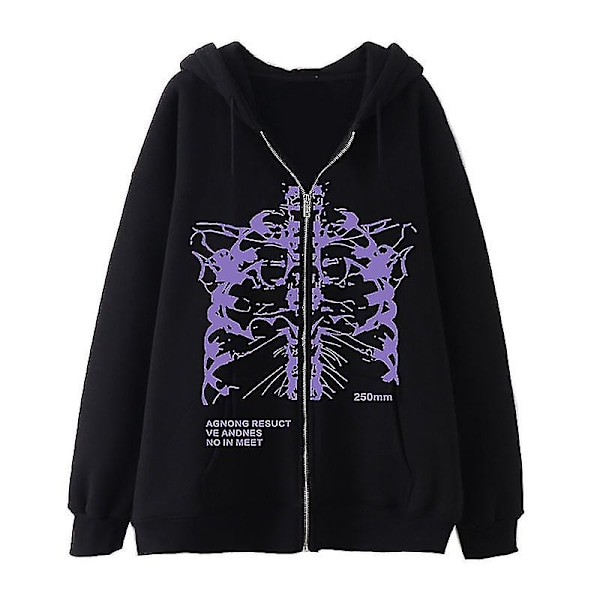 Mörk Sweatshirt med Dragkedja Skelett Hoodie Benprydd Hoodie High Street Hipster Sweatshirt Jacka black-purple M