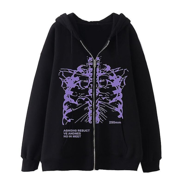 Mørk sweatshirt med lynlås, skelet-hættetrøje, hoodie med knogler, high street hipster sweatshirt jakke black-purple XL