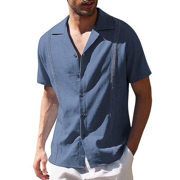 Herr linneskjortor Casual Baggy Button-up Solid Lapel Kortärmad Tops T-shirt Navy blue XL