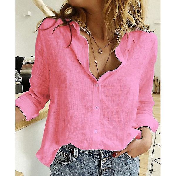 Dam V-ringad T-shirt Långärmad Knäppning Blusar Toppar Pink M