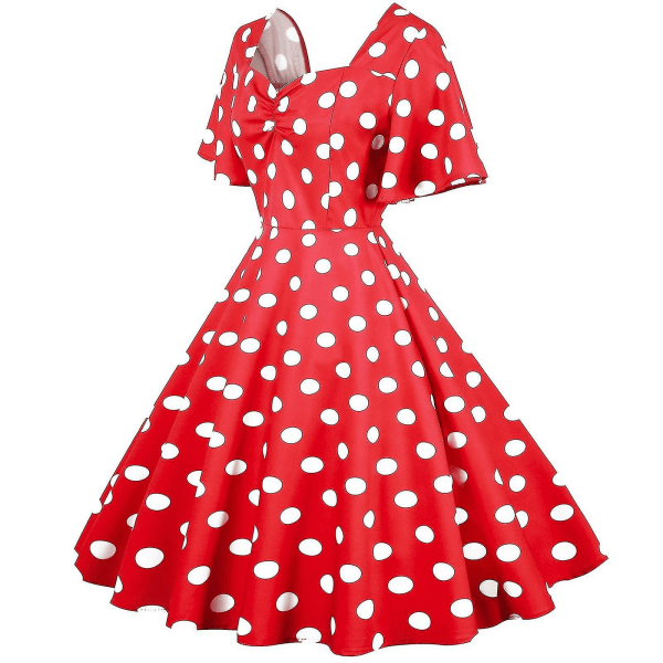 Retro reiseinspirert damekjole med bølget kant, korte ermer og prikkemønster, midilang Red XXL