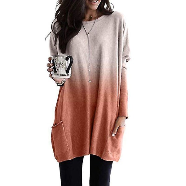 Løse, avslappede langermet topper for kvinner, genser, bluse, T-skjorte med lommer, pluss størrelse Orange XL